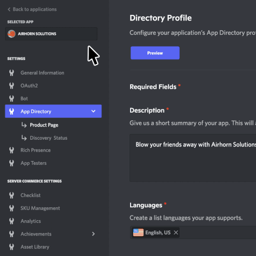 An animated demonstration of how to find an app's product page inside the Developer Portal.